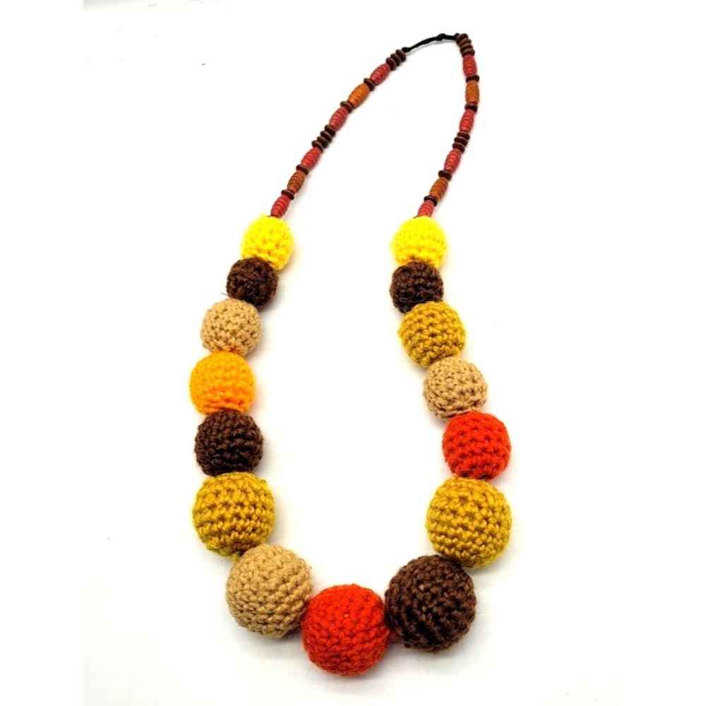 Vintage 70s Appeal Fall Crochet Bead Necklace Brown Olive Green Handmade Props